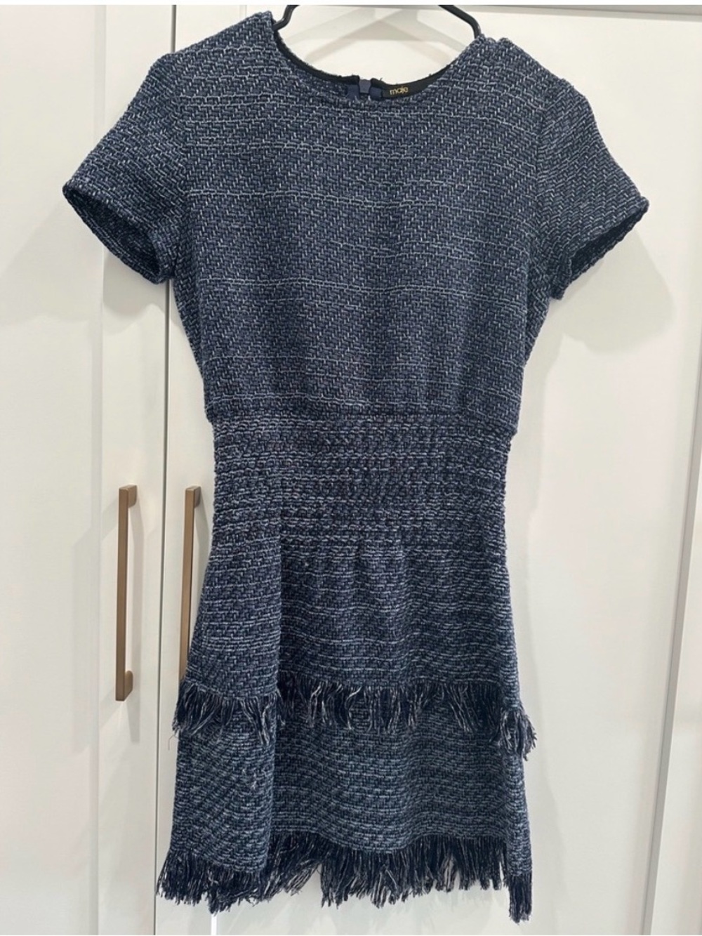 Maje Navy Tweed Fringe Short Sleeve Mini Dress